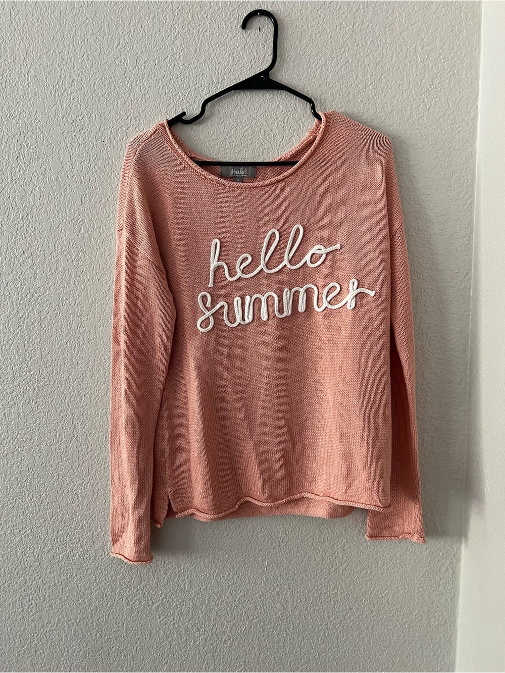 Marled Pink Crewneck Sweater with White 'hello summer' Script